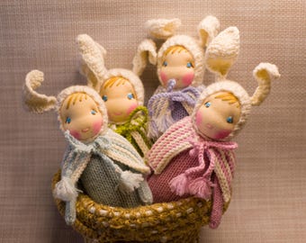 Waldorf Knitted Bunny Dolls: Easter Rabbits Dolls in a pastel tones
