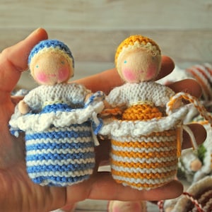 Set of two Ukrainian colors knitted Waldorf necklace dolls