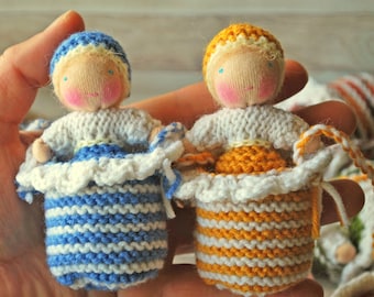 Set of two Ukrainian colors knitted Waldorf necklace dolls