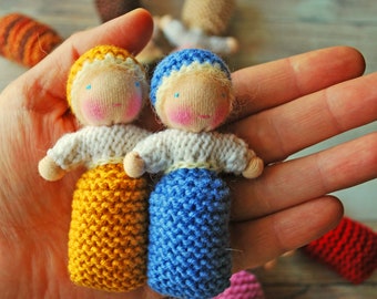 Two little knit Waldorf dolls in Blue and Yellow Ukrainian colors