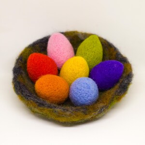 Set of 7 Tiny Needle Felted Easter Eggs in Wool Nest – Natural Spring Decor