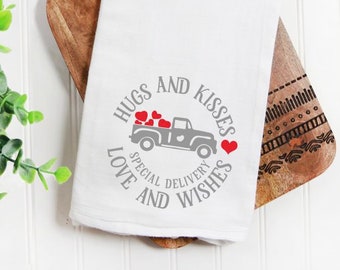 Valentine's Day Tea Towel | Valentine's Day Decor | Flour Sack Tea Towel | Kitchen Towel | Vintage Truck and Hearts | Flour Sack