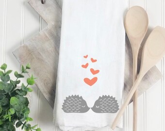 Valentine's Day Tea Towel | Kissing Hedgehogs | Valentine's Day Decor | Flour Sack Tea Towel | Kitchen Linen | Tea Towel