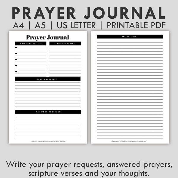 Prayer Journal Printable - A5 Planner Inserts, Bible Journaling, Bible Study Journal, Christian Planner