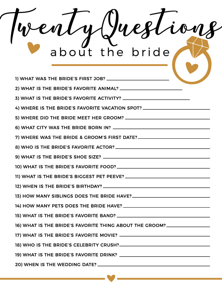 20 Questions Bridal Shower Game Etsy