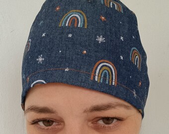 Rainbows scrub cap, lightweight soft denim surgical hat for nurses.