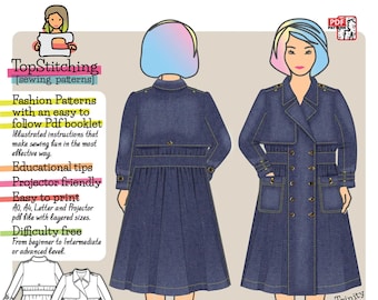 May include: A digital sewing pattern for a denim trench coat with a double breasted closure and pockets. The pattern includes instructions and is projector friendly. The pattern is available in multiple sizes and is suitable for beginners to intermediate sewers.