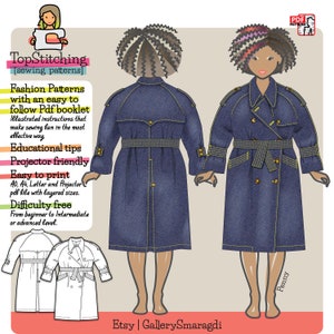 Trench coat sewing pattern Penny, Projector friendly PDF sewing pattern, womens trenchcoat coat sewing pattern, coat sewing pattern