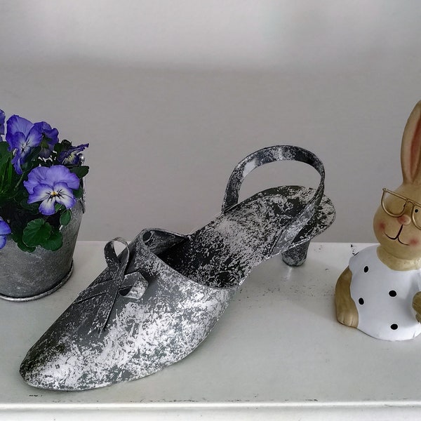 Deko Damen Schuh antik silber Gartendeko Vintage Stil Metall Pumps