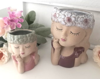 Set of 2 planters dreaming girl ceramic plant pot window sill decoration