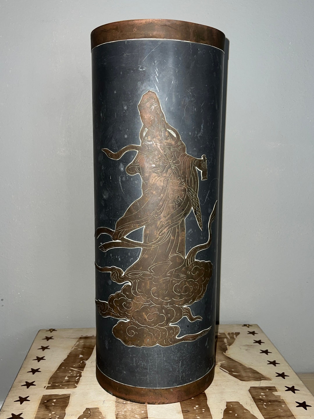 Vintage Chinese Umbrella Stand Metal With Brass Overlay Etsy