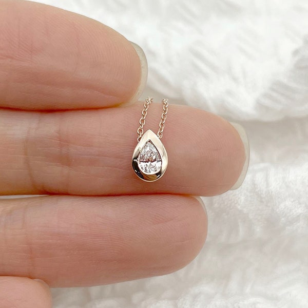 0.12ct Pear Diamond Necklace / 14k Solitaire Diamond Necklace / Teardrop Necklace / Simple Diamond Bezel Necklace / Sliding Necklace