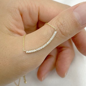 Diamond Curved Bar Necklace / 14k Curved Necklace / 14k Solid Gold Necklace / Natural Diamond Necklace / Diamond Pendant / Curved Pendant