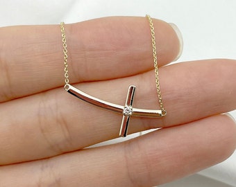 Dainty 14k Solid Gold Horizontal Cross Necklace with Diamond. Real Diamond
