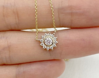 Sunflower Necklace for Women / Real Diamond Necklace / 14k Solid Gold Necklace / Diamond Halo Necklace / Wedding Gift / Promise Gift