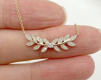14k Solid Gold Leaf Diamond Necklace: Dainty Wedding Jewelry. Unique Diamond Necklace. Real Diamond Pendant
