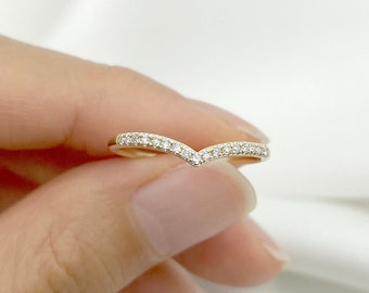 14k Diamond Chevron Wedding Band: Stackable Solid Gold Ring. Real Diamond Matching Wedding Band