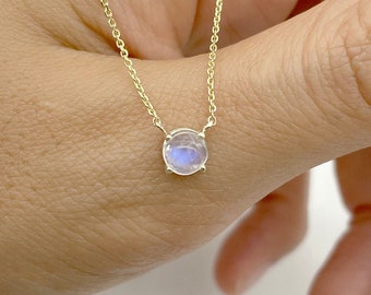 Solitaire Moonstone Necklace / Dainty 5mm AAA Natural Moonstone Pendant / Solid 14k Gold Necklace / Solitaire Necklace / Gemstone Necklace