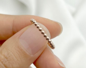 14K Solid Gold Beaded Ring: Minimalist Stacking Band 14k White Gold Band. 14k Plan Band