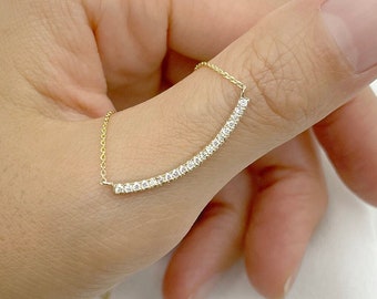 Diamond Curved Bar Necklace / 14k Curved Necklace / 14k Solid Gold Necklace / Natural Diamond Necklace / Diamond Pendant / Curved Pendant