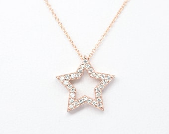 14k Diamond Star Pendant Necklace: 0.25ct Handmade Gold Charm