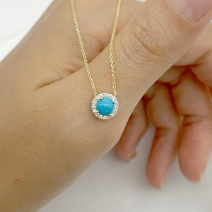 Turquoise Diamond Necklace / Sliding Round Diamond Pendant / December Birthstone Necklace / 14k Turquoise Necklace / Anniversary Gift