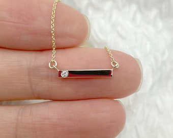 Dainty 14k Gold Diamond Bar Necklace: Bezel Set Layering Necklace. Real Diamond