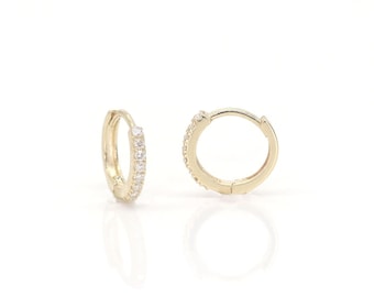 Natural Diamond 14k Gold Huggie Hoop Earring: Dainty Yellow Gold, Single or Pair