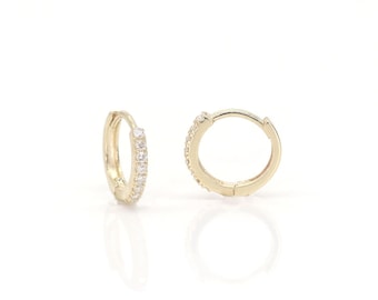 Natural Diamond Hoop Earring / 14k Huggie Earring / Tiny Hoop Earring / 14k Yellow Gold Dainty Earring / Single or Pair