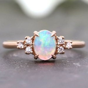Natural Opal Engagement Ring / Diamond Engagement Ring / Oval Opal Wedding Ring / Diamond Cluster Bridal Ring / 14k Gold Ring / Opal Ring