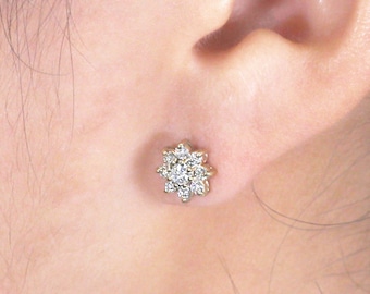 Dainty 14k Solid Gold Flower Lab Grown Diamond Stud Earrings: Real Gold Prong Setting.Single or Pair