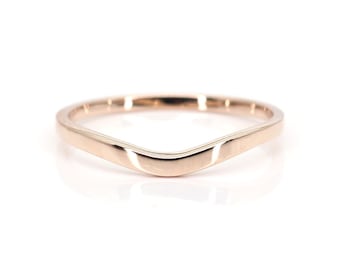 14K Solid Gold Curved Wedding Band: Handmade Flat Band. Personalized Ring. 14k Yellow Gold Band.