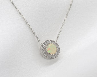 Dainty 14k Solid Gold Opal Diamond Necklace: October Birthstone Pendant. Real Diamond Pendant