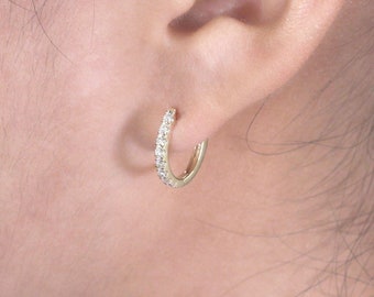 14k Solid Gold Lab Grown Diamond Huggie Hoop Earrings: Dainty Oval Shape Single or Pair