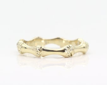 14k Solid Gold Bamboo Ring: Unisex Stacking Band. Real Gold Matching Wedding Band
