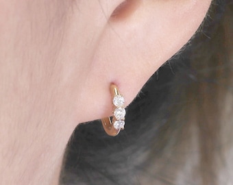 14K Solid Gold Lab Grown Diamond Huggie Hoop Earring: Dainty 3-Stone Design. Single or Pair