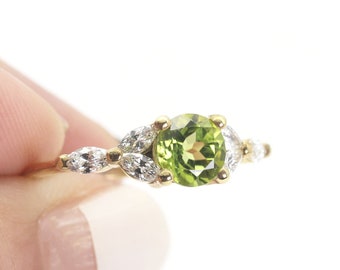 Peridot Diamond Ring / 14k Diamond Engagement Ring / Marquise Diamond Ring / August Birthstone Ring / Anniversary Gift / Wedding Ring Band