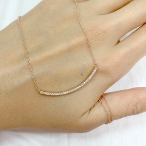 Curved 1.5&quot; Diamond Bar Necklace / 14K Solid Gold Necklace / Women&#39;s Diamond Necklace / Diamond Curved Necklace / Curved Pendant