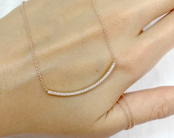14K Solid Gold Diamond Bar Necklace: Curved Pendant, Handmade