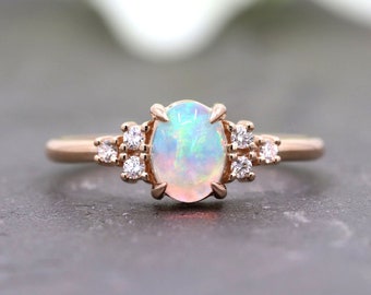 Natural Opal Engagement Ring / Diamond Engagement Ring / Oval Opal Wedding Ring / Diamond Cluster Bridal Ring / 14k Gold Ring / Opal Ring