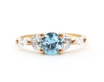 14k Blue Zircon Diamond Ring: Marquise Engagement Ring