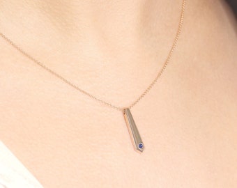 Dainty Sapphire 14K Necklace / September Birthstone Necklace / Natural Sapphire Necklace / 14K Tie Shaped Pendant / Tie Shaped Necklace