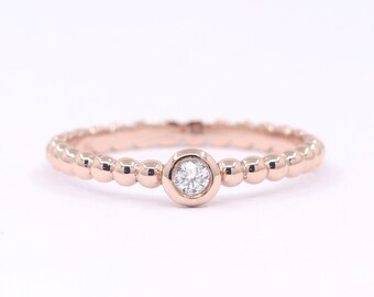 Solitaire 0.05ct Diamond Band / Beaded Stack Ring / Bezel Diamond Ring / Solitaire Engagement Ring / 14k Beaded Ring / Everyday Ring