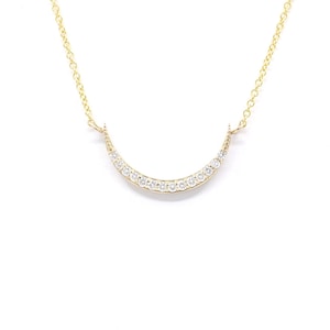 14K Solid Gold Crescent Moon Necklace: Natural Diamond Half Moon Pendant