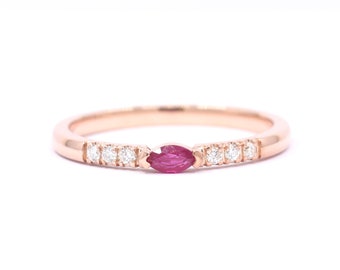 Dainty Marquise Ruby Diamond Ring / Marquise Cut Ring / Diamond and Ruby Ring / 14k Gold Wedding Ring / Natural Diamond Band / Wedding Band