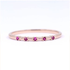 Dainty 14k Gold Ruby Ring: 5-Stone Stackable Band
