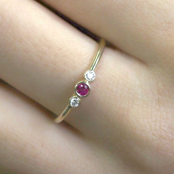 Ruby Diamond Ring / Dainty Ruby Ring / Simple Diamond Wedding Ring / Bezel Wedding Band for Women / Thin Diamond Band / Anniversary Gift