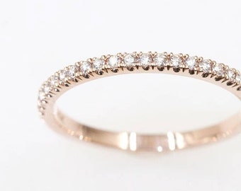 Dainty 14k Gold Diamond Wedding Band: Micro Pave Half Eternity Ring. Real Diamond Matching Wedding Band