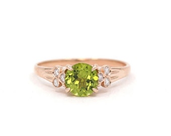 Diamond Cut Natural Peridot Engagement Ring / 6mm Peridot Diamond Ring / Peridot Diamond Wedding Ring / Diamond Cluster Ring / Peridot Ring