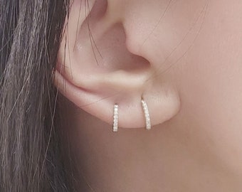 14k Gold Natural Diamond Huggie Hoop Earring: Single or Pair